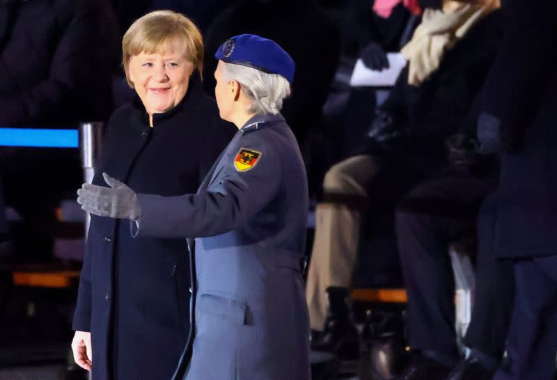 Outgoing German Chancellor Merkel is honoured with Grand Tattoo, in Berlin