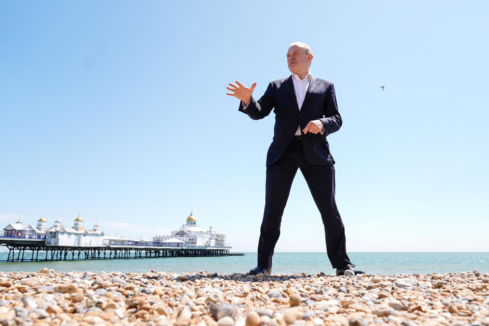 A seemingly giant Sir Ed Davey, Lib Dem leader, towers over the beach and pier at Eastbourne, East Sussex (Aaron Chown/PA)