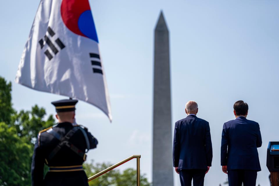 President Joe Biden welcomes South Korean President  Yoon Suk Yeol to the White House during an arrival ceremony on the South Lawn.