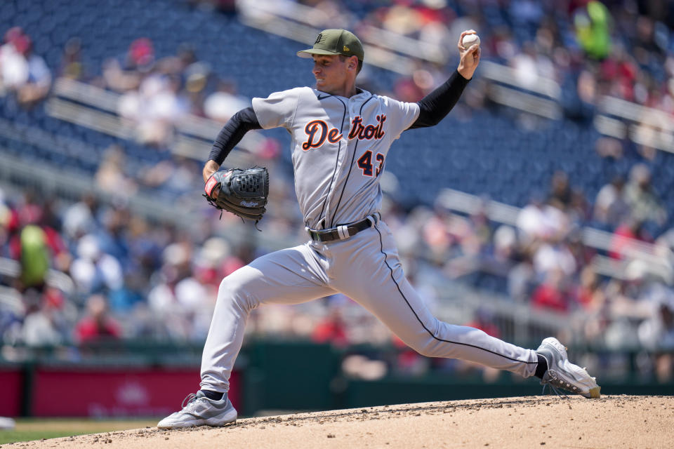 CORRECTS FINAL SCORE TO 6-4 INSTEAD OF 5-2 - Detroit Tigers starting pitcher Joey Wentz throws during the second inning of a baseball game against the Washington Nationals at Nationals Park, Sunday, May 21, 2023, in Washington. The Nationals won 6-4. (AP Photo/Alex Brandon)