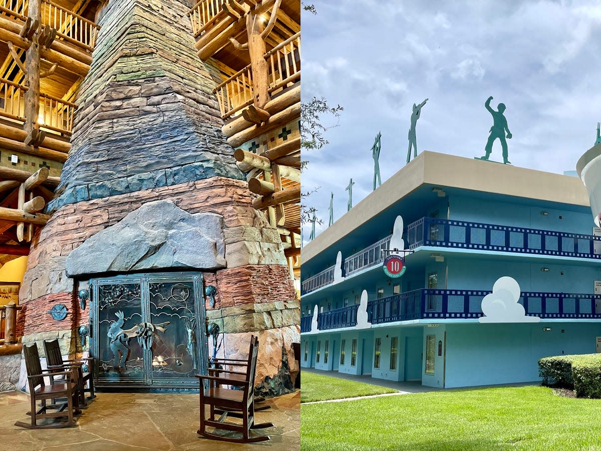 inside shot of wilderness lodge and external shot of all star movie resort disney world