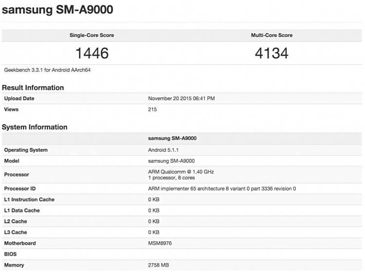 ▲Samsung一款型號SM-A9000的新手機相關資訊，出現在跑分資料庫Geekbench。