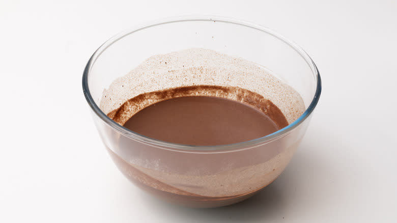 chocolate crepe batter in a mixing bowl