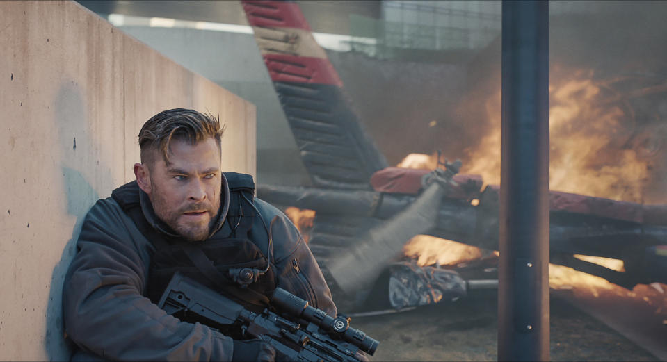 This image released by Netflix shows Chris Hemsworth in a scene from "Extraction 2." (Netflix via AP)