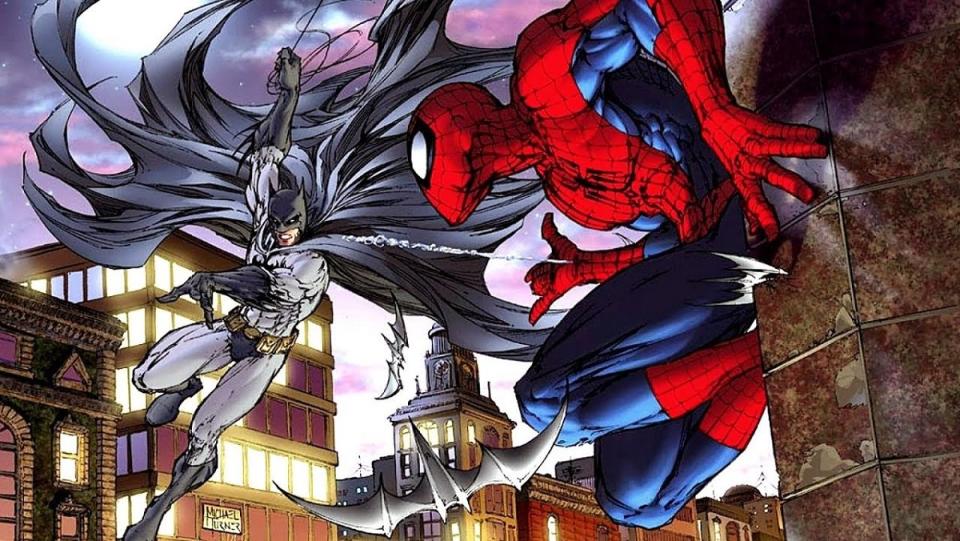 Batman fights Spider-Man, in art by the late Michael Turner.