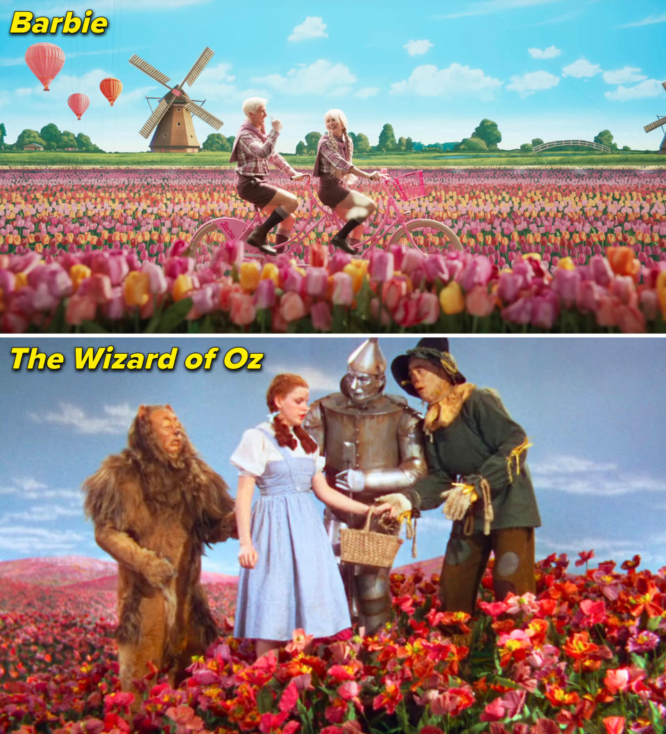 Margot Robbie and Ryan Gosling in "Barbie;" Judy Garland in "The Wizard of Oz"