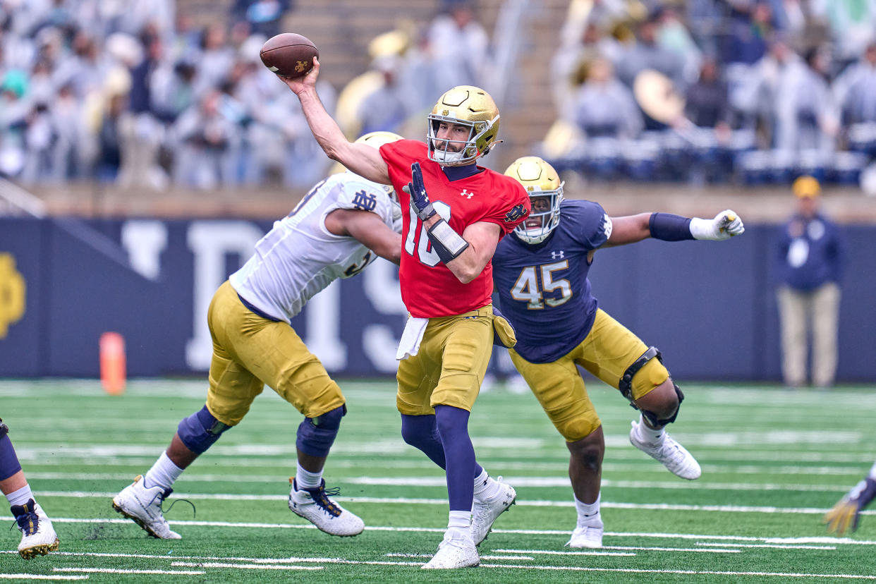 SOUTH BEND, INDIANA - APRIL 22: Notre Dame Fighting Irish quarterback Sam Hartman (10) throws the football during the Notre Dame Blue-Gold Spring Football Game at Notre Dame Stadium on April 22, 2023 in South Bend, Indiana. (Photo by Robin Alam/Icon Sportswire via Getty Images)