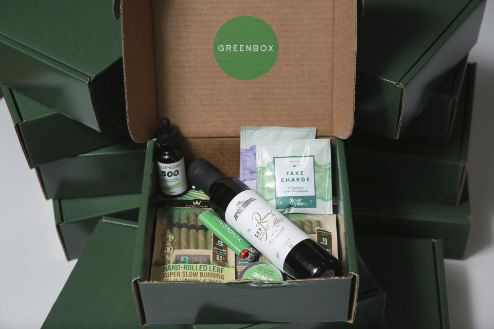 In this April 26, 2019 photo, a sample Greenbox filled with CBD and hemp-based products is shown on a table in Atlanta, Ga. New York entrepreneurs Andrew Farrior and Ethan Jackson plan to launch Greenbox.NYC as a subscription and delivery business for hemp and other legal cannabis-related products. (AP Photo/Elijah Nouvelage)