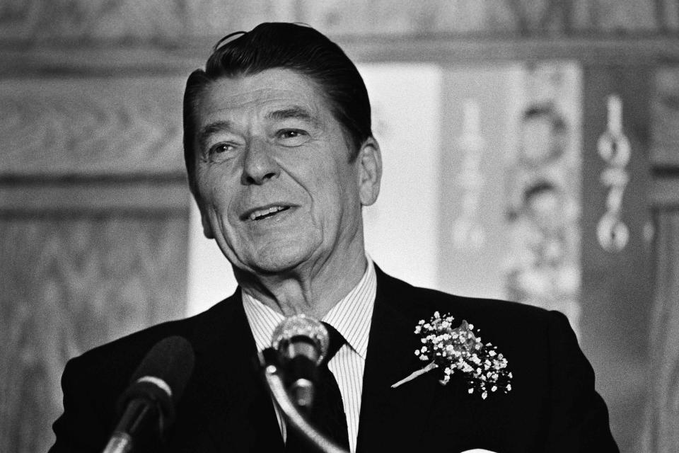 Presidential candidate Ronald Reagan gives a speech to supporters in this 1976 Los Angeles photo