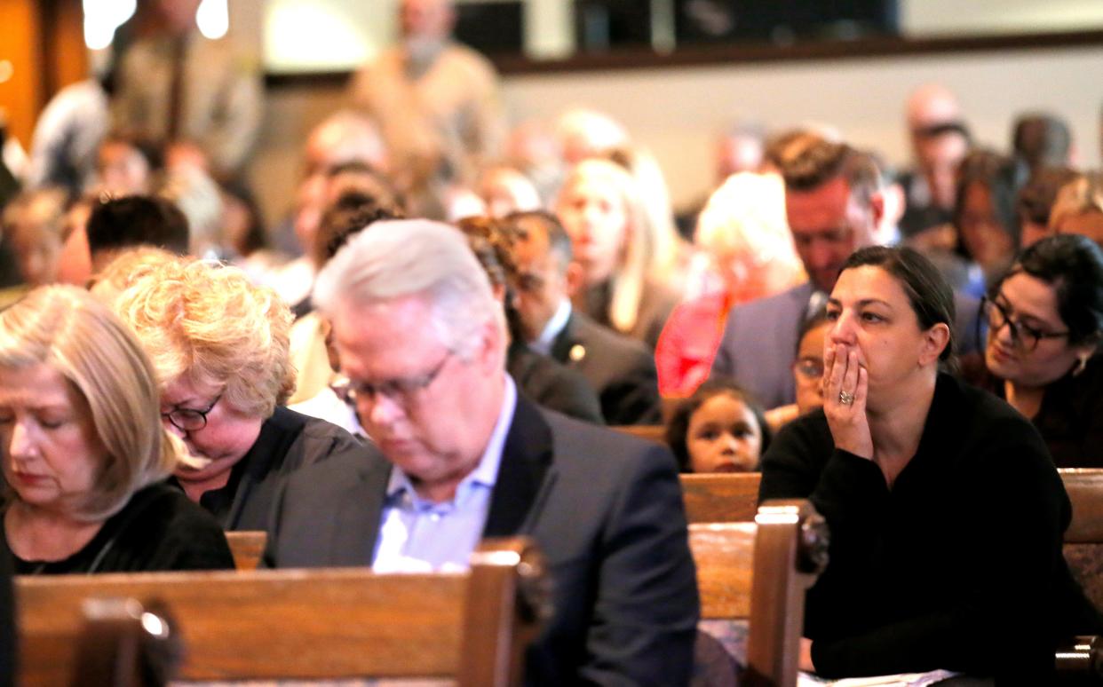 People observe 168 seconds of silence during the 2023 Remembrance Ceremony at the First Church in Oklahoma City, Wednesday, April, 19, 2023. 