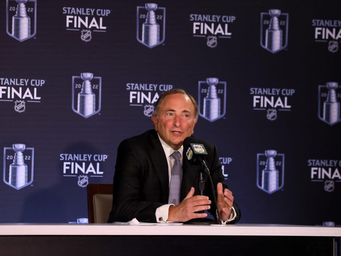 NHL Commissioner Gary Bettman, seen here at a 2022 news conference, will be in Ottawa on Monday, where he will meet with Mayor Mark Sutcliffe, among others. (Bruce Bennett/Getty Images - image credit)