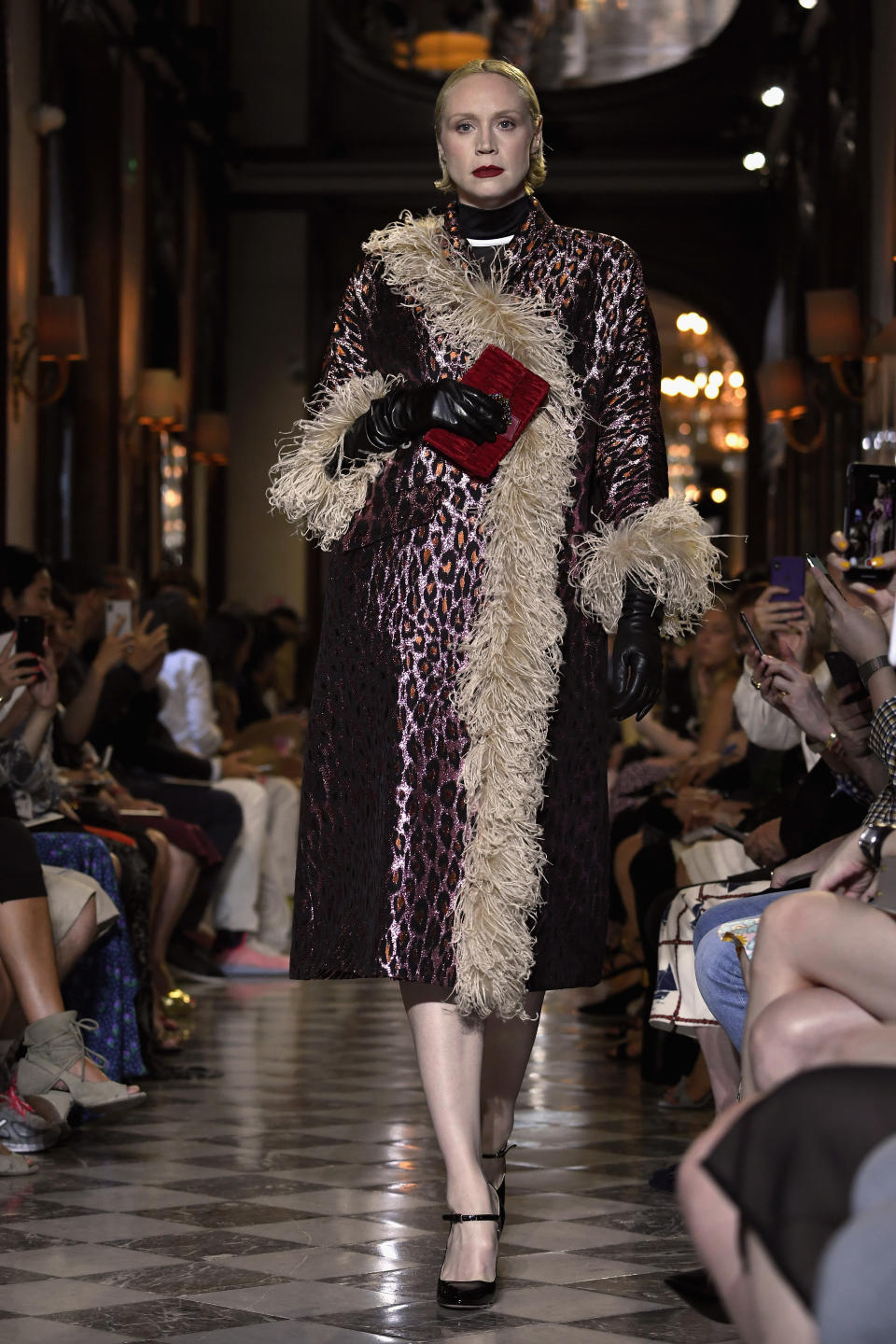 Gwendoline Christie modeling, Miu Miu, cruise 2019, paris fashion week, runway