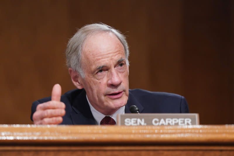 At Thursday's Senate Finance Committee hearing, Sen. Thomas Carper (pictured, 2021), D-Del., said more funding to the IRS would provide the agency better technology and more auditors to enforce tax compliance. File Photo by Leigh Vogel/UPI