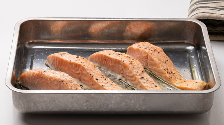 cooked salmon in oven tray