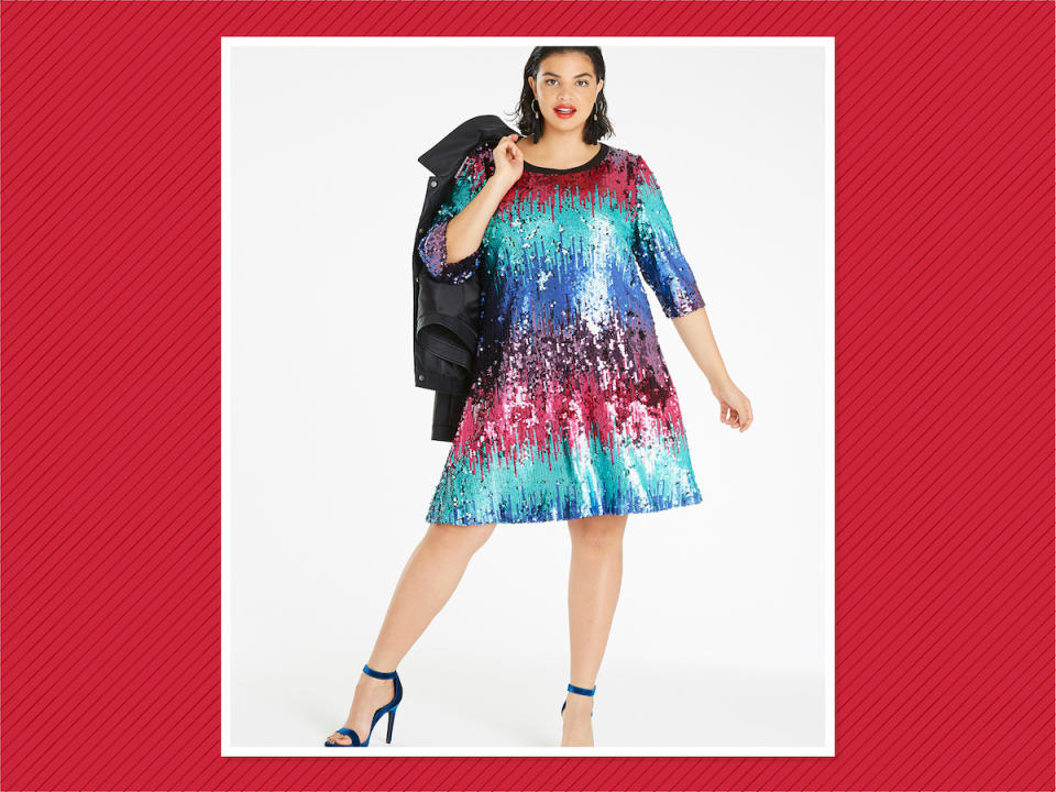 <p>Ombre Sequin Swing Dress, $125, <a rel="nofollow noopener" href="https://www.simplybe.com/en-us/products/ombre-sequin-dress/p/GL093#v=color%3AGL093_MULTI%7C" target="_blank" data-ylk="slk:Simply Be;elm:context_link;itc:0;sec:content-canvas" class="link ">Simply Be</a> (Photo:Simply Be) </p>