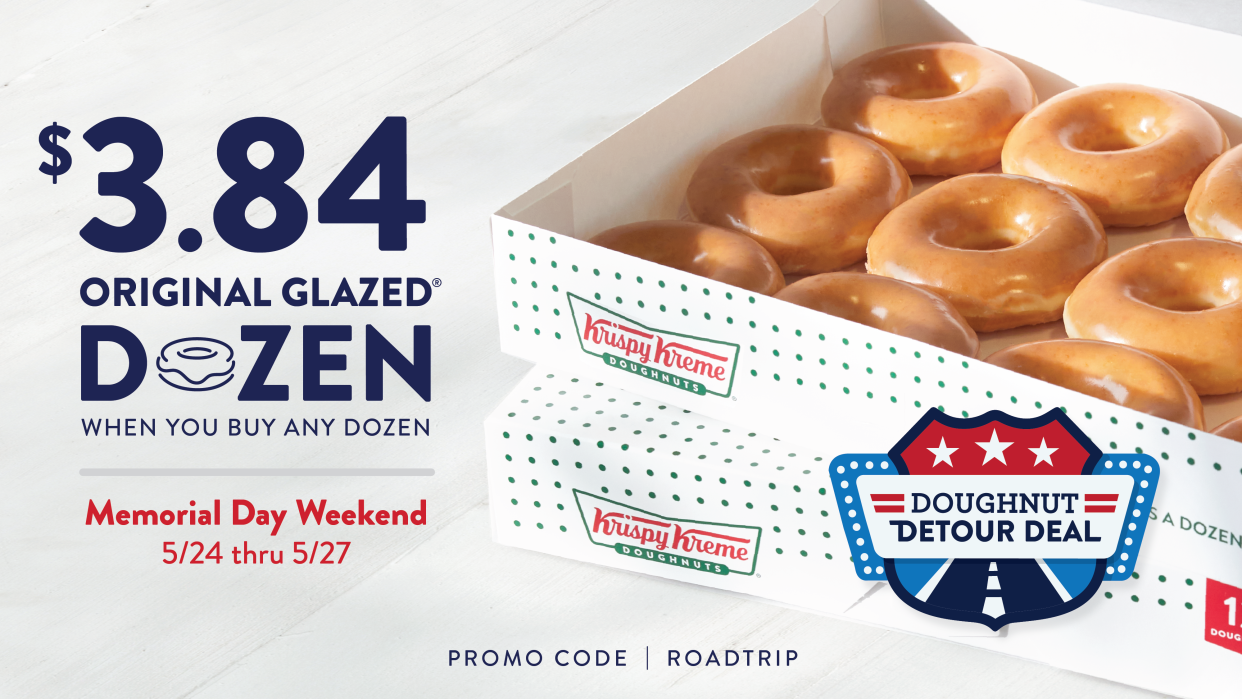 Krispy Kreme is offering customers a dozen Original Glazed Doughnuts for $3.84 with the purchase of any dozen at regular price from Friday, May 24 through Monday, May 27.