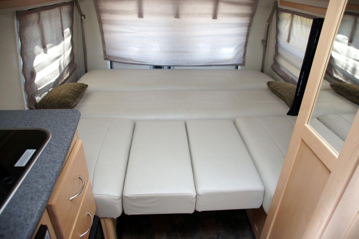 motorhome interior bedroom with blinds down