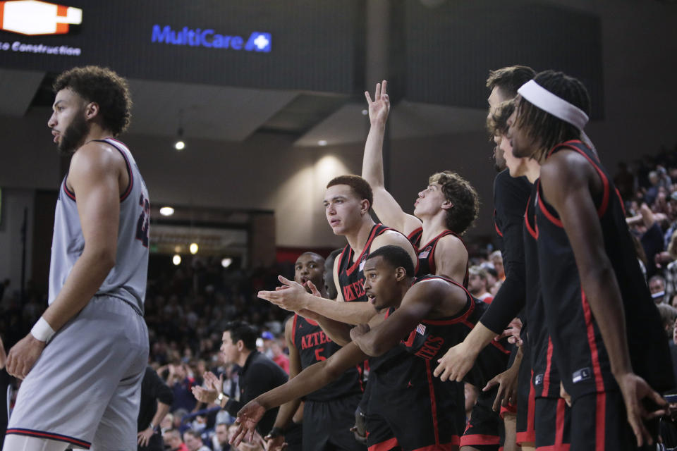 The San Diego State bench celebrates during the second half of an NCAA college basketball game against Gonzaga, Friday, Dec. 29, 2023, in Spokane, Wash. (AP Photo/Young Kwak)