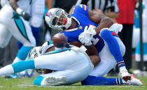 <p>James Bradberry #24 of the Carolina Panthers separates Zay Jones #11 of the Buffalo Bills from the ball during their game at Bank of America Stadium on September 17, 2017 in Charlotte, North Carolina. (Photo by Grant Halverson/Getty Images) </p>