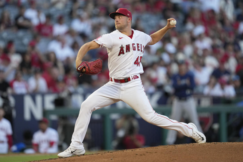 Los Angeles Angels starting pitcher Reid Detmers (48) throws during the first inning of a baseball game against the Seattle Mariners in Anaheim, Calif., Friday, Aug. 4, 2023. (AP Photo/Ashley Landis)