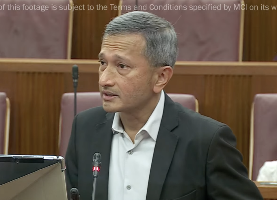 Singapore's Foreign Affairs Minister Vivian Balakrishnan speaking in Parliament on 3 March 2022. (SCREENSHOT: Ministry of Communications and Information/YouTube)