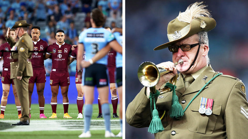 Corporal John Byrne (pictured right) plays the bugle during the Remembrance Day Ceremony and the State of Origin teams link-up (pictured right).