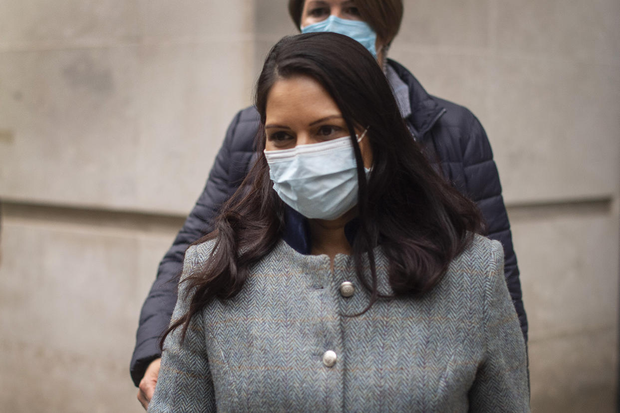 Home Secretary Priti Patel leaves BBC Broadcasting House in London after her appearance on the BBC One current affairs programme, The Andrew Marr Show. Picture date: Sunday May 23, 2021.