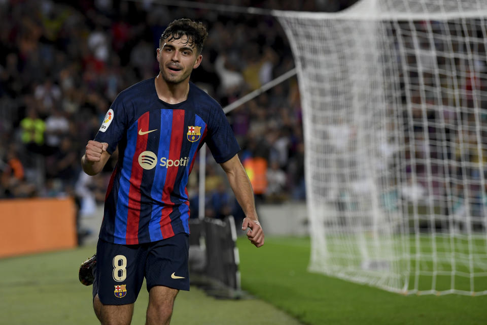 BARCELONA, SPAIN - OCTOBER 9:  Barcelona's Spanish midfielder Pedri celebrates his goal during the Spanish league football match between FC Barcelona vs Celta at the Camp Nou stadium in Barcelona on October 9, 2022. (Photo by Adria Puig/Anadolu Agency via Getty Images)