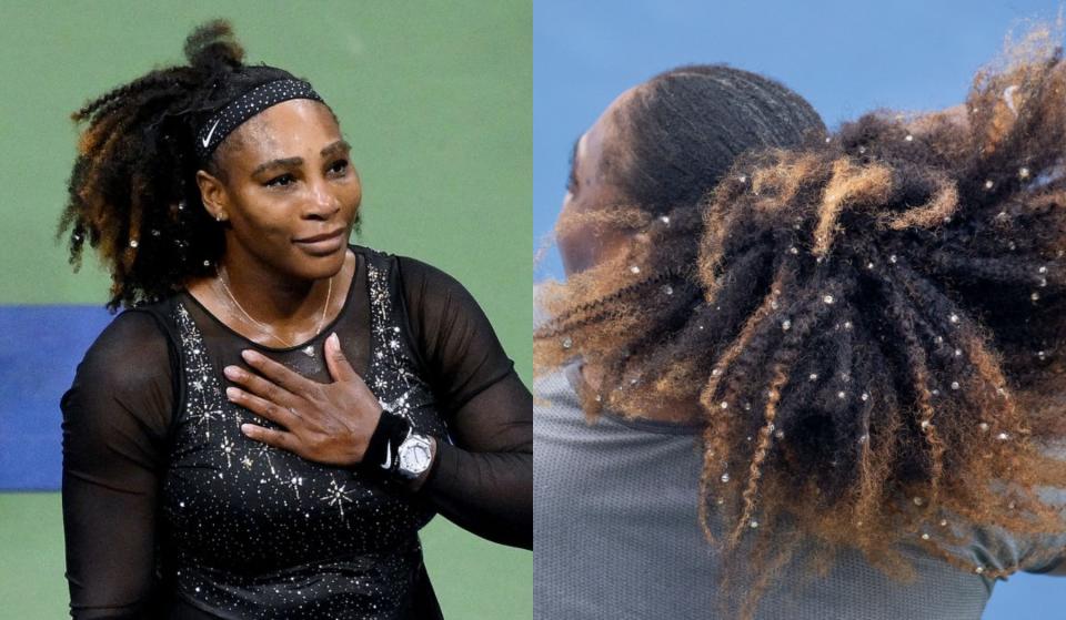 Serena Williams at the US Open in 2022, serena williams crystals in hair and makeup beauty trends, eyebrows