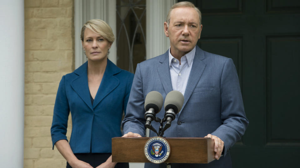 Claire (Robin Wright) and Frank Underwood (Kevin Spacey) in <em>House of Cards.</em>