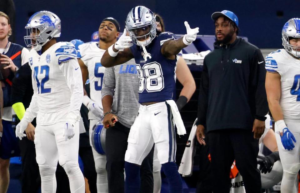 Dallas Cowboys wide receiver CeeDee Lamb celebrates a reception against the Detroit Lions on Saturday, December 30, 2023.