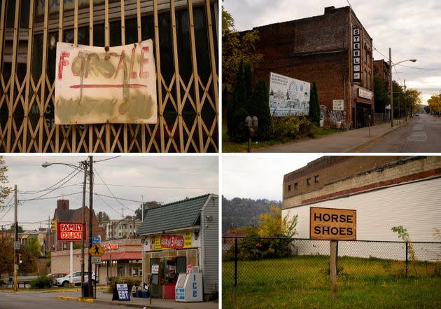 A “For sale” sign hangs on a storefront in Braddock; a large sign for the local Rotary Club chapter stands along the main street in Braddock; and horse shoes are advertised in a vacant lot in the business district. (Photo: Justin Merriman for HuffPost)