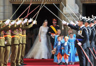 <p>The couple wed in the Cathedral of our Lady of Luxembourg on 20 October 2012. The lavish, two-day ceremony was attended by heavyweights from around the world, including the Queen of Sweden and the King and Queen of Norway. Stephanie’s bespoke, Elie Saab dress took 3,900 hours to make and a Altenloh de Bruxelles tiara finished off the bridal look. <em>[Photo: Getty]</em> </p>