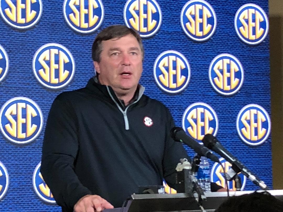 Georgia football coach Kirby Smart at the SEC spring meetings on May 31, 2022 in Destin, Fla.