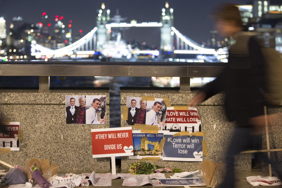 Tributes to Cambridge University graduates Jack Merritt, 25, and Saskia Jones, 23, on London Bridge, who were both stabbed to death by 28-year-old convicted terrorist Usman Khan during a prisoner rehabilitation event they were supporting in London on Friday. PA Photo. Picture date: Monday December 2, 2019. The father of London Bridge terror victim Jack Merritt has said his son would be "livid" that his death is being used to further an "agenda of hate". See PA story POLICE LondonBridge . Photo credit should read: Rick Findler/PA Wire