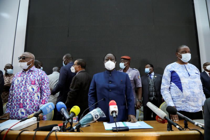 Former Ivory Coast President Henri Konan Bedie, candidate of the Democratic Party of Ivory Coast (PDCI) for the October 31 presidential election, attends a meeting with Ivory Coast opposition leaders in Abidjan