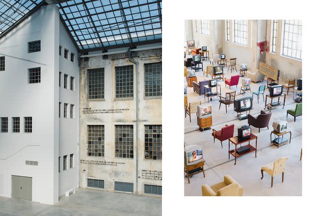 <p>Thomas Gravanis</p> From left: A former tobacco factory now houses the art center Neon; An installation by Turkish-American artist Kutluğ Ataman at Neon incorporates salvaged furniture and televisions.