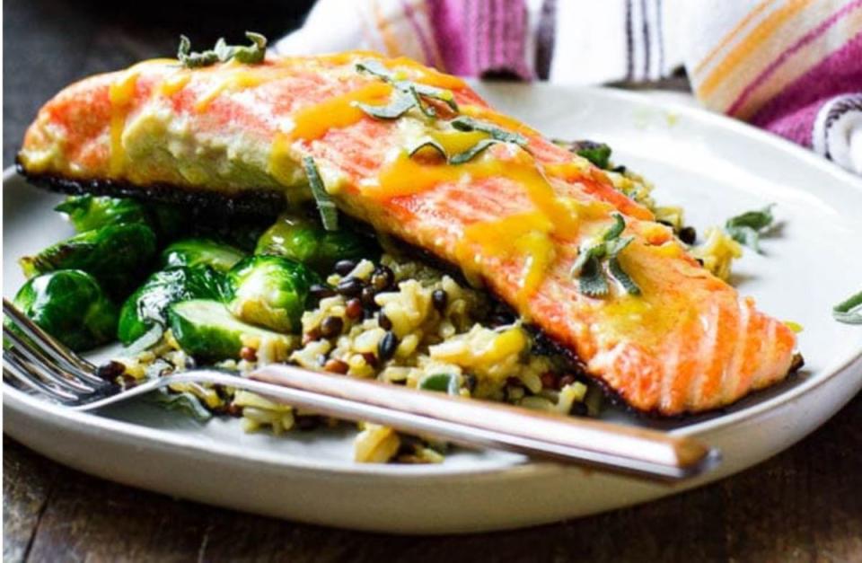 <p>Food Above Gold</p><p>This perfectly flaky salmon gets a major flavor boost with a sauce made up of maple syrup, mustard and sage!</p><p><strong>Get the recipe: <a href="https://www.foodabovegold.com/maple-dijon-sous-vide-salmon/" rel="nofollow noopener" target="_blank" data-ylk="slk:Sous Vide Maple Dijon Salmon;elm:context_link;itc:0;sec:content-canvas" class="link ">Sous Vide Maple Dijon Salmon</a></strong></p>