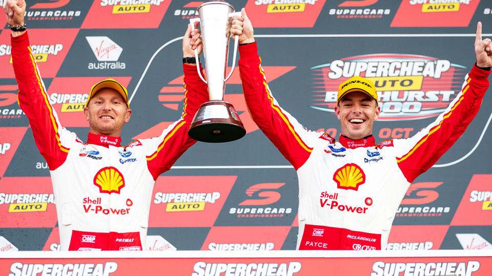 Scott McLaughlin, pictured here after winning his maiden Bathurst 1000 title.