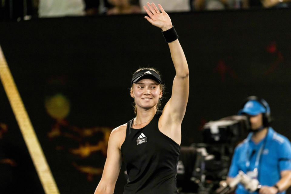 Elena Rybakina (pictured) waves to the crowd at the Australian Open.