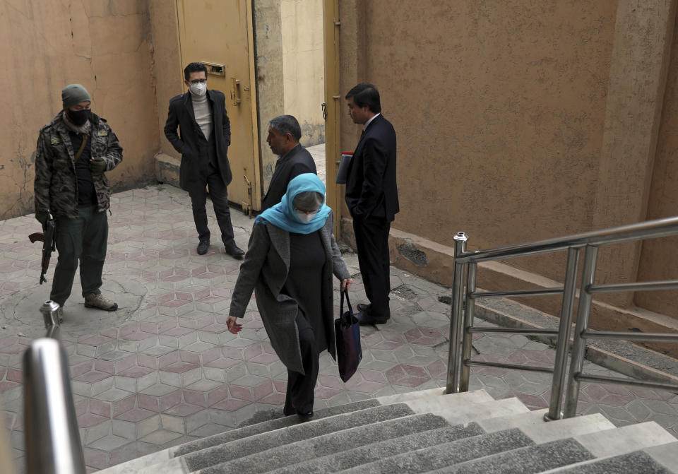 Sima Samar, a prominent activist and physician, who has been fighting for women’s rights in Afghanistan for the past 40 years, arrives to her office, in Kabul, Afghanistan, Saturday, March 6, 2021. Samar, 64, worries about the future, noting that insecurity and instability in Afghanistan have reached frightening levels. (AP Photo/Rahmat Gul)