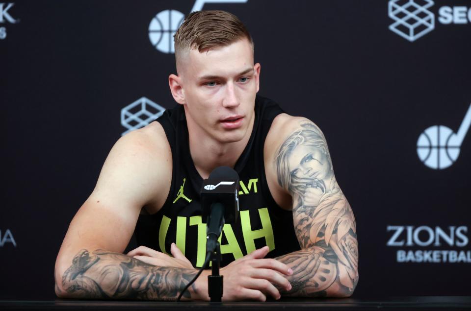 Forward Luka Samanic talks to members of the media during Utah Jazz media day at the Zions Bank Basketball Campus in Salt Lake City on Monday, Oct. 2, 2023. | Kristin Murphy, Deseret News