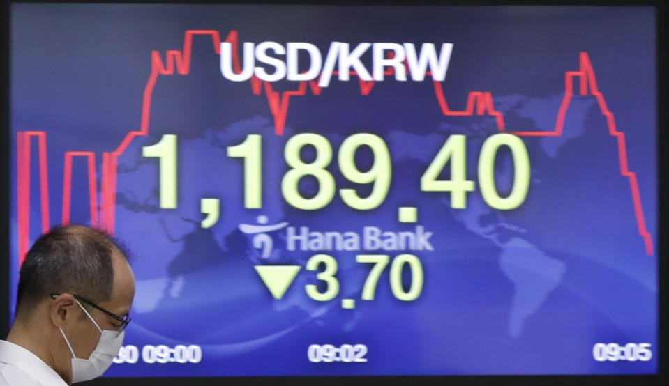 A currency trader walks near the screen showing the foreign exchange rate between U.S. dollar and South Korean won at the foreign exchange dealing room in Seoul, South Korea, Thursday, July 30, 2020. Asian stocks advanced Thursday after the U.S. Federal Reserve left interest rates near zero to support a struggling economy. (AP Photo/Lee Jin-man)