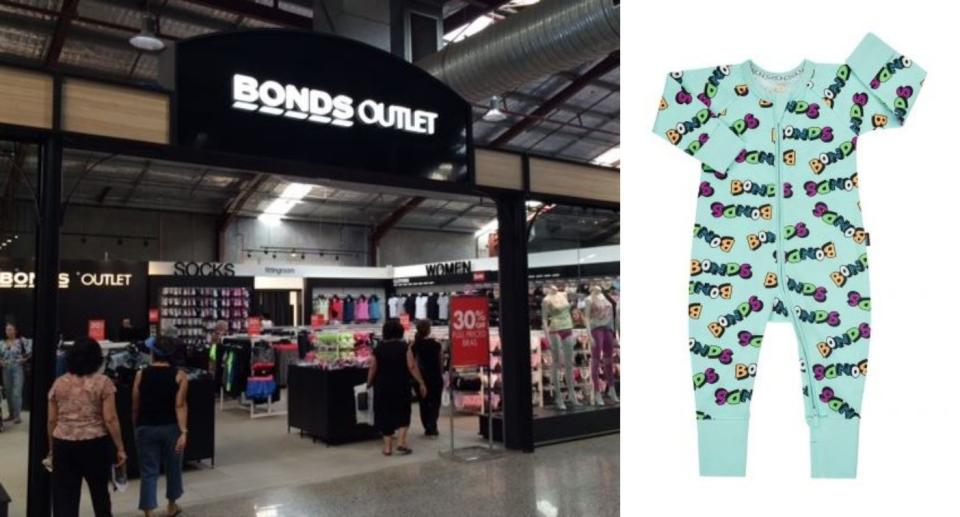 Front of Bonds outlet store alongside baby jumpsuit the woman purchased. Source: Bonds