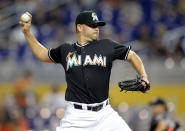 MIAMI, FL - APRIL 13: Pitcher Rickey Nolasco #47 of the Miami Marlins throws against the Houston Astros at Marlins Park on April 13, 2012 in Miami, Florida. (Photo by Marc Serota/Getty Images)