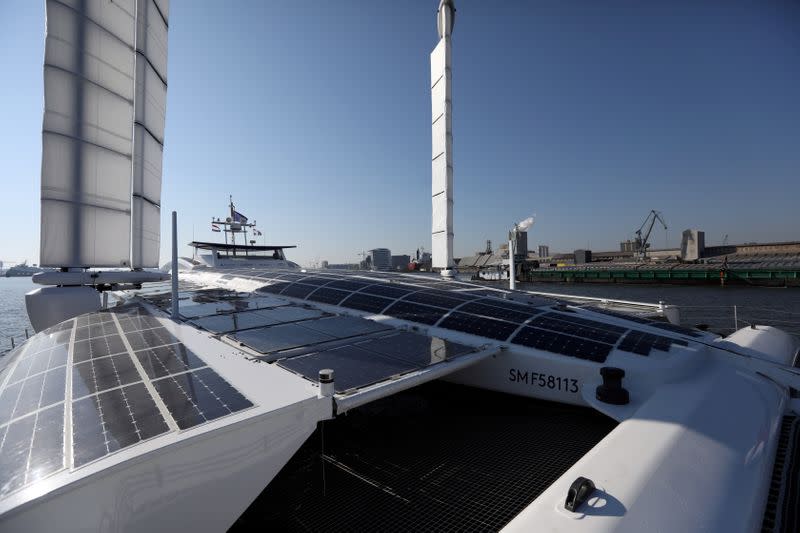 FILE PHOTO: A general view of the Energy Observer, a hydrogen-powered boat that sails from Amsterdam's harbour after testing a new device that allows it to produce fuel from wind, in Amsterdam