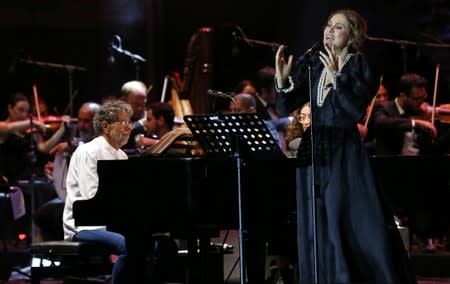 Yasmina Joumblatt, the granddaughter of the legendary singer Asmahan, and Gabriel Yared, a Lebanese composer, perform during the Beitiddine Art Festival in Beiteddine