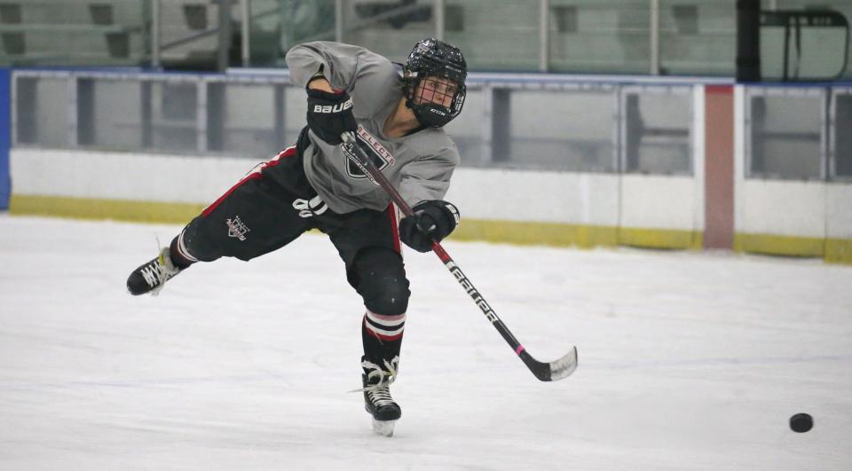 Caroline Harvey fires a shot at the goal during their Bishop Kearney Selects Academy U19 practice Nov. 12, 2019 at Bill Gray's Regional Iceplex in Brighton.