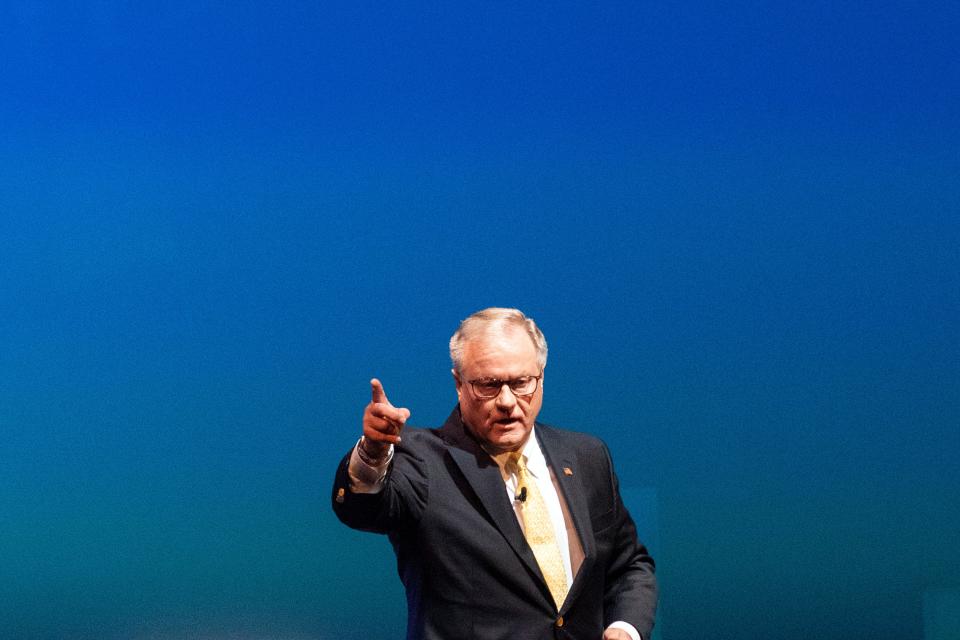 Republican challenger for governor and former state Sen. Scott Wagner gives his closing remarks following a debate against Gov. Tom Wolf at Hershey Lodge on Monday, Oct. 1, 2018.