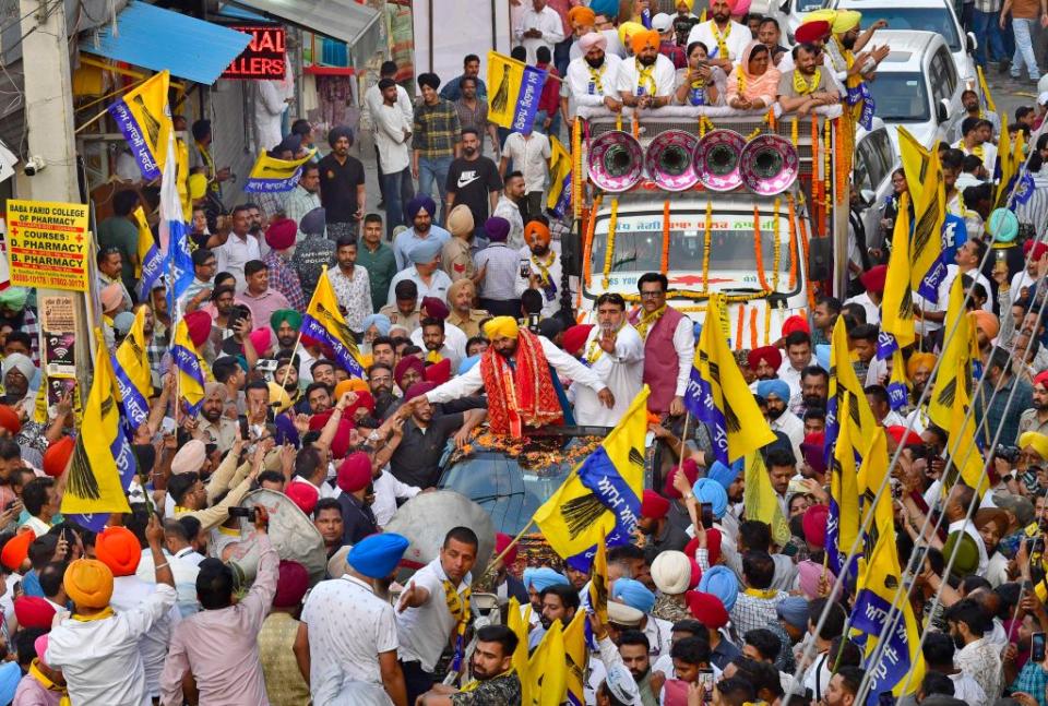 Punjab Chief Minister Bhagwant Mann with party leaders during a road show ahead of the Lok Sabha election in Ludhiana, India, on April 28, 2024. (Photo by Gurpreet Singh/Hindustan Times via Getty Images)